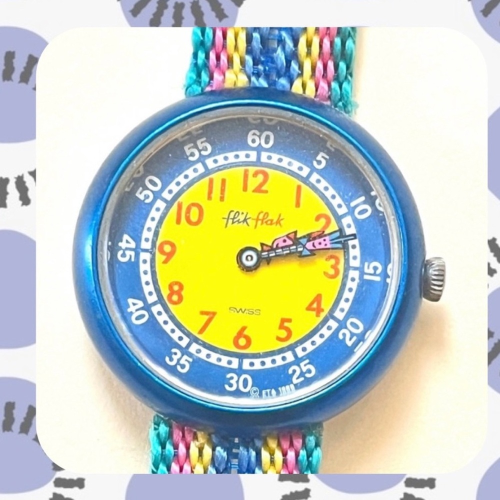 (kids) 🌀🎉rare!🎉 1980s Flik Flak Swiss water resistant funky abstract watch